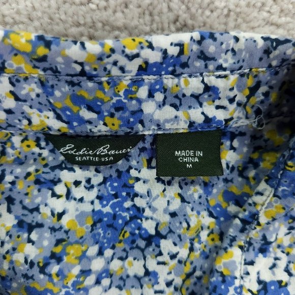 Eddie Bauer Shirt Women's Medium Blue Floral Button Front Short Sleeve Ruffle - Picture 3 of 8